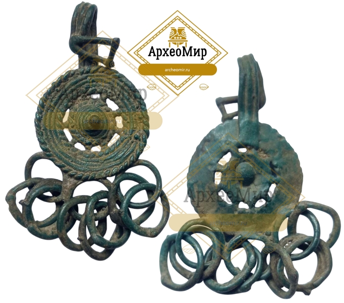 Умбоновидная височная привеска с подвесками, дьяковская культура, ранний железный век, ржв